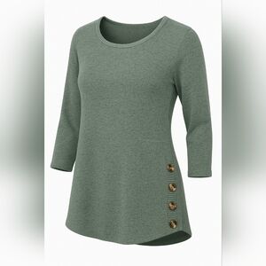 Fortune + Ivy Sage Green Soft Knit Tunic Top Side Buttons Long Sleeve Women's Lg